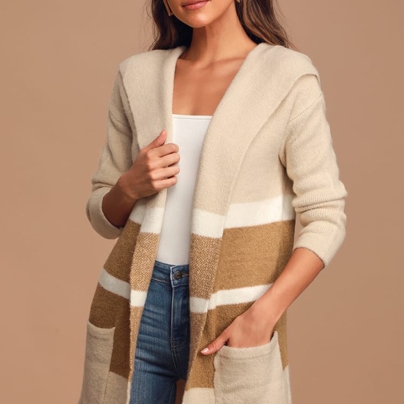 Lulus Carlsbad Tan and Beige Hooded Cardigan Sweater - Picture 2 of 3